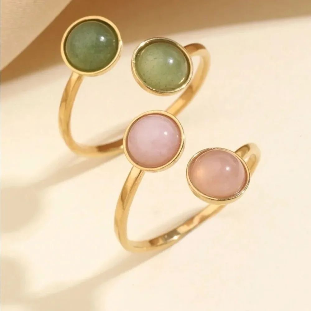 Gold Plated Green & Pink Stone Open Ring Set - Women Jewelry R373